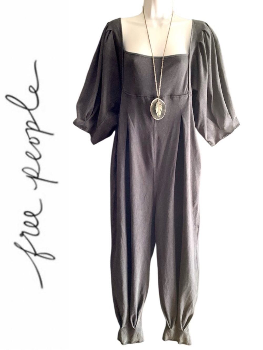 Free People “Lotta Love” over-washed Black Square-Neck Puff-Sleeve Jumpsuit- S